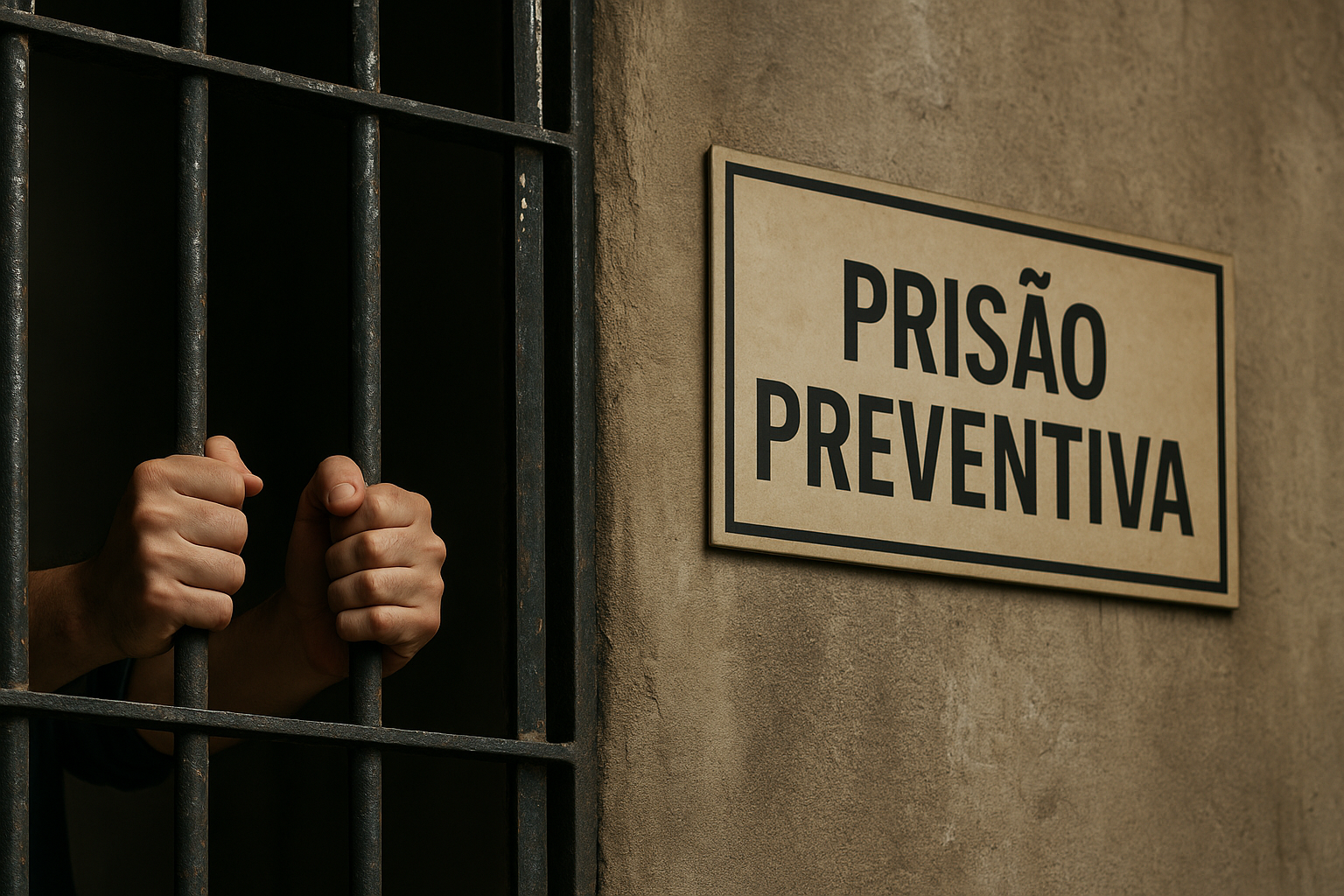 Mãos segurando grades de uma cela, simbolizando prisão preventiva no Brasil, com iluminação dramática e ambiente sombrio refletindo a seriedade do sistema penal.