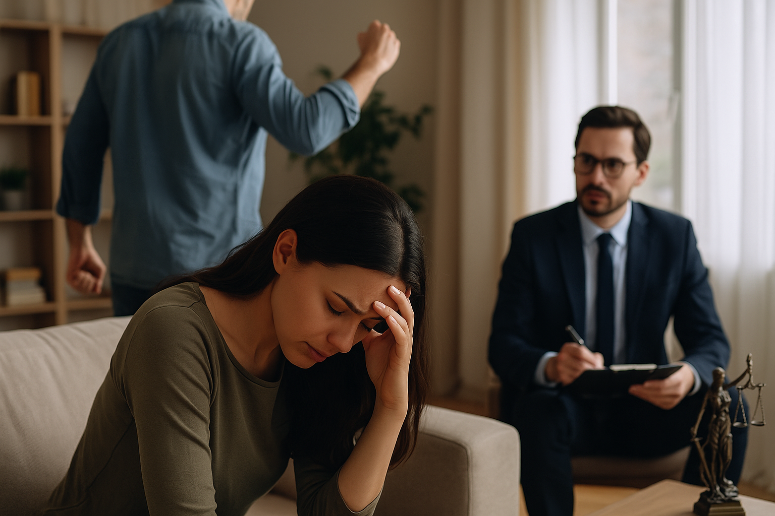 Mulher sentada em um sofá com expressão de tristeza e a mão na cabeça, enquanto um homem ao fundo levanta o punho em gesto ameaçador. Ao lado, um advogado observa a cena com seriedade, segurando um bloco de anotações. A balança da justiça está sobre a mesa, simbolizando o contexto jurídico da situação de violência doméstica.