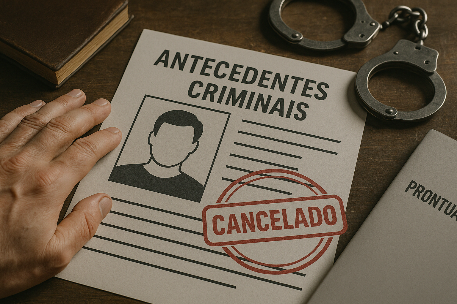 Imagem mostrando documento de antecedentes criminais com a palavra "CANCELADO" em destaque, acompanhado de algemas e materiais jurídicos sobre uma mesa de madeira, simbolizando reabilitação e defesa penal.