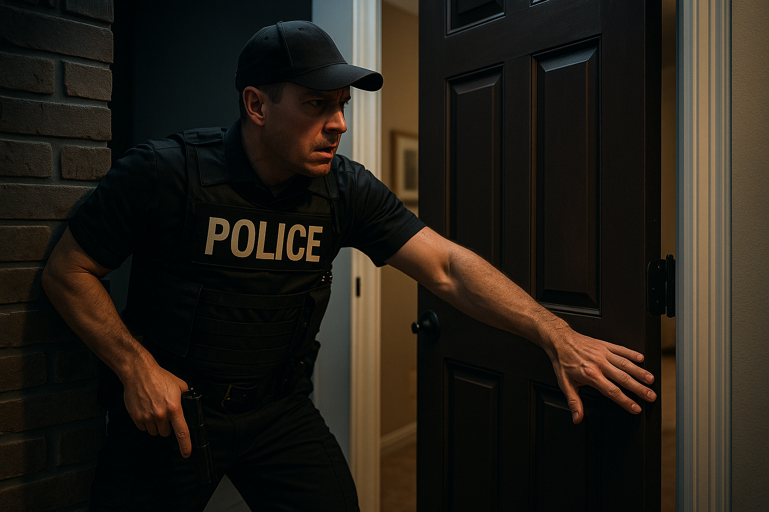 Imagem de um policial em uniforme preto, de aparência determinada, entrando em uma casa à noite. O policial está empurrando uma porta de madeira, com a mão direita próxima à sua arma, e a luz quente de dentro da casa ilumina sua postura contra o fundo escuro do exterior. A cena transmite uma sensação de ação e urgência
