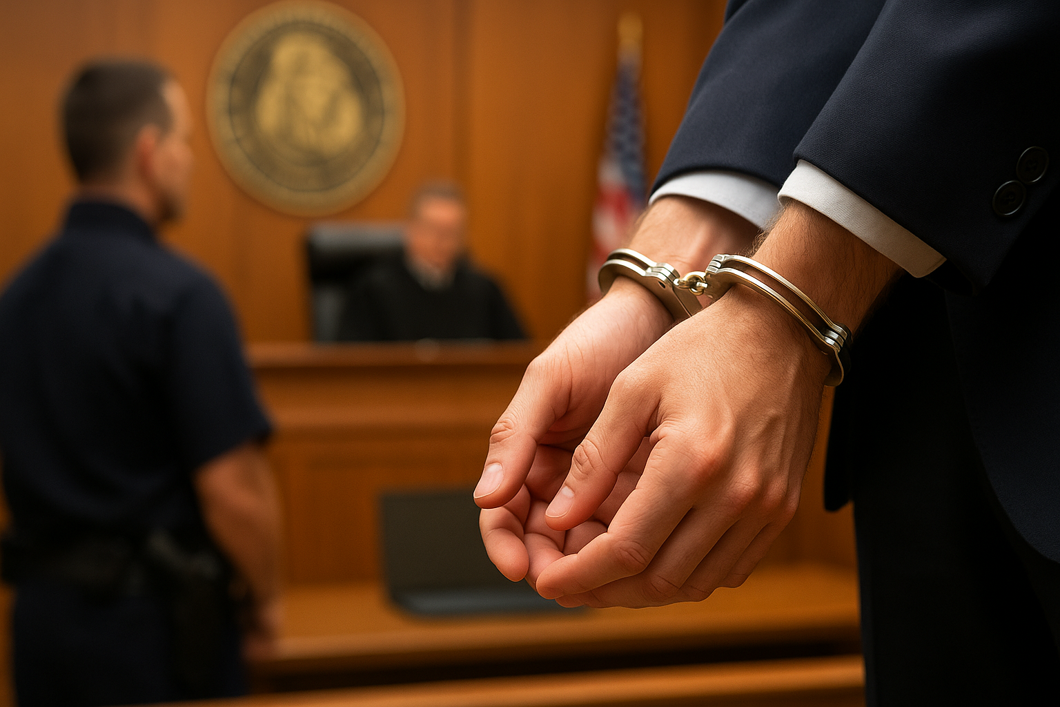 Homem algemado em tribunal, com juiz e policial ao fundo, representando uma situação de prisão em flagrante