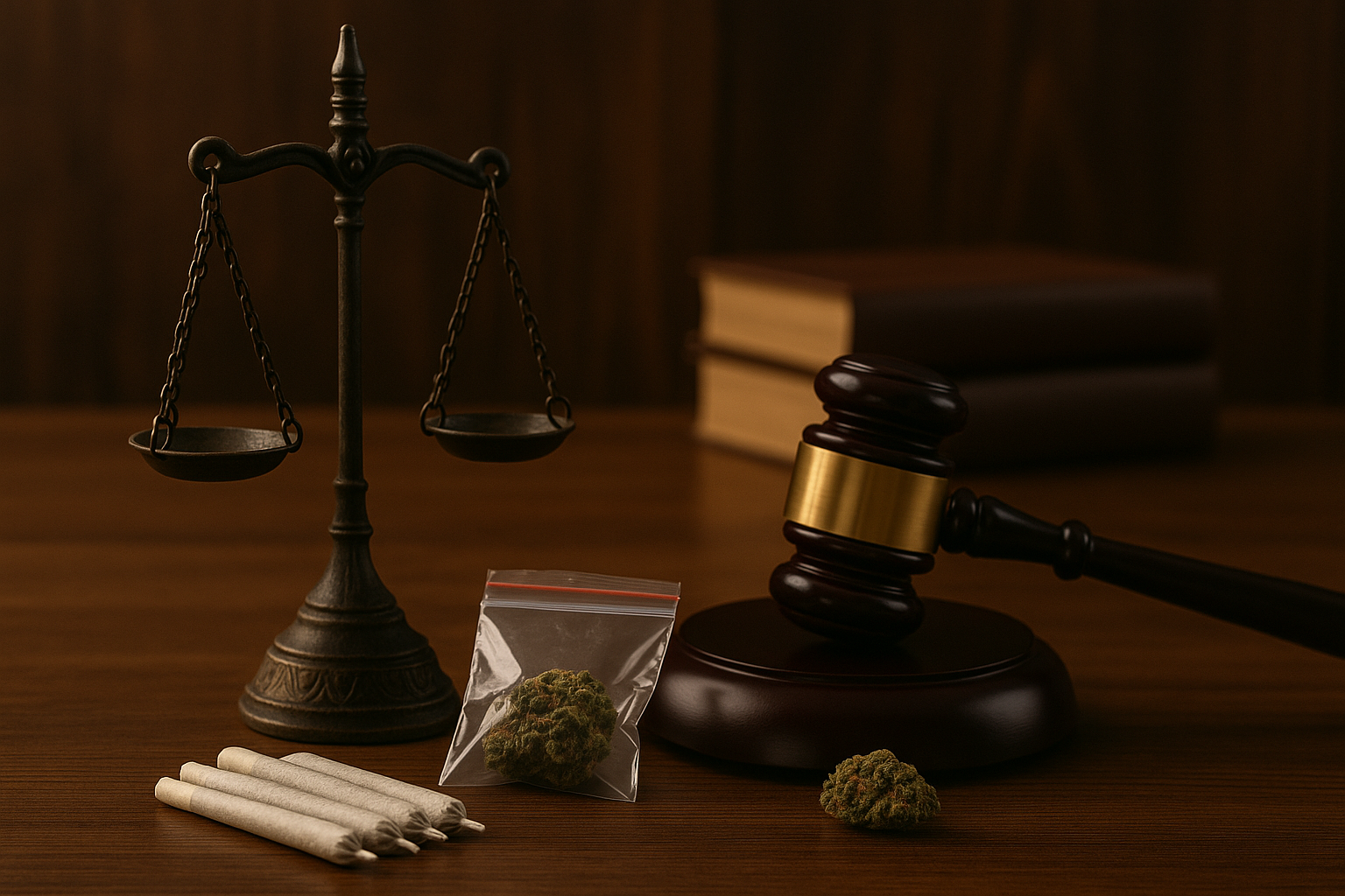 Balança da justiça, martelo de juiz e porções de maconha sobre uma mesa de madeira, representando o julgamento e a legalidade no contexto de crimes relacionados a drogas