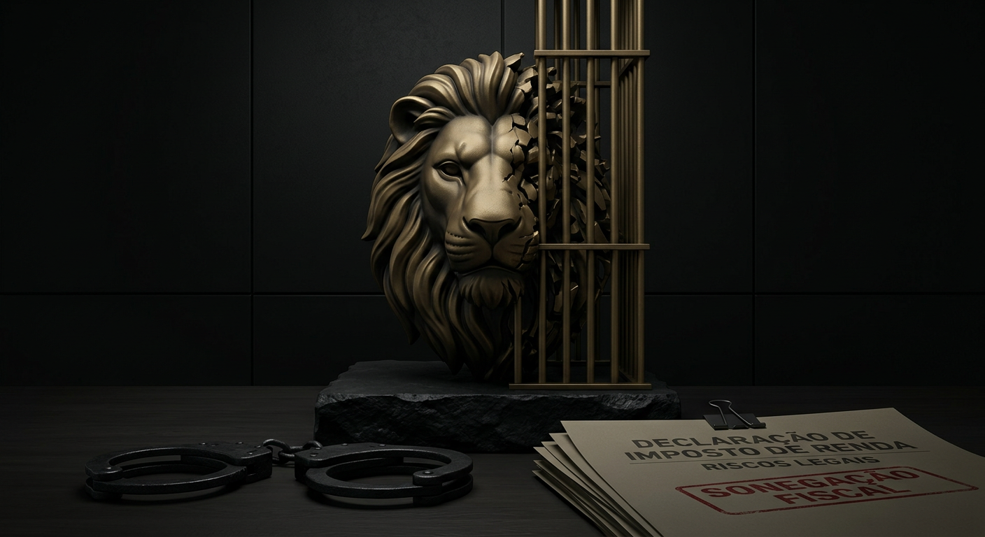 Um render 3D minimalista e dramático ilustra os riscos legais da sonegação fiscal. No centro, uma cabeça de leão majestosa — símbolo tributário — transforma-se parcialmente em barras verticais de prisão. À frente, algemas pesadas repousam ao lado de uma pilha de documentos fiscais oficiais, em tons de preto obsidiana profundo e ouro escuro fosco, sob iluminação low-key com sombras suave