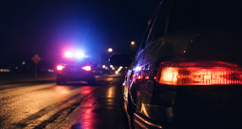 Viatura policial com luzes acesas durante abordagem noturna de trânsito, ilustrando fiscalização de embriaguez ao volante
