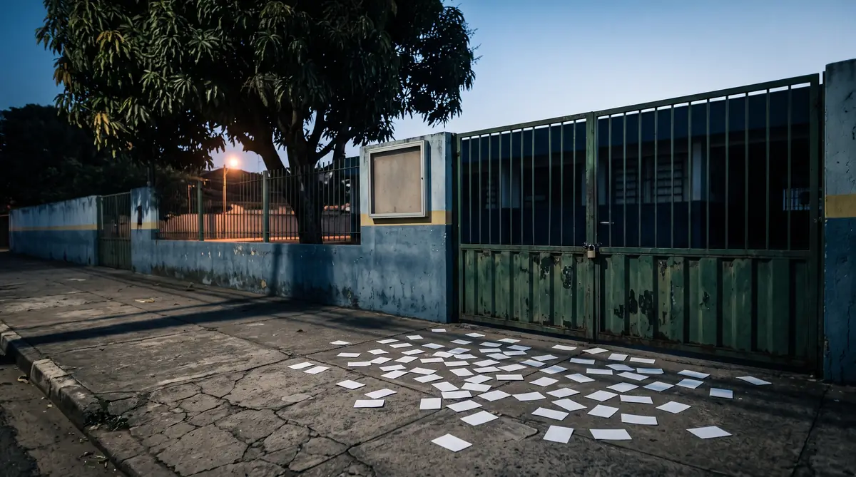 Entrada de escola pública fechada ao amanhecer, com santinhos em branco espalhados na calçada, simbolizando a boca de urna como crime eleitoral