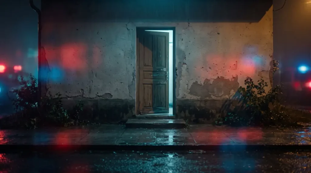 Porta de uma casa entreaberta à noite, com luzes de viatura refletidas na parede, ilustrando a busca domiciliar sem mandado