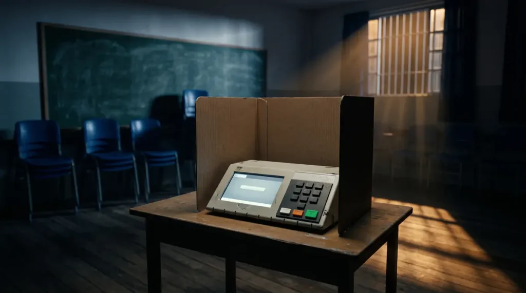 Urna eletrônica dentro de cabine de votação em uma sala de aula escura, ilustrando os crimes eleitorais no dia da votação