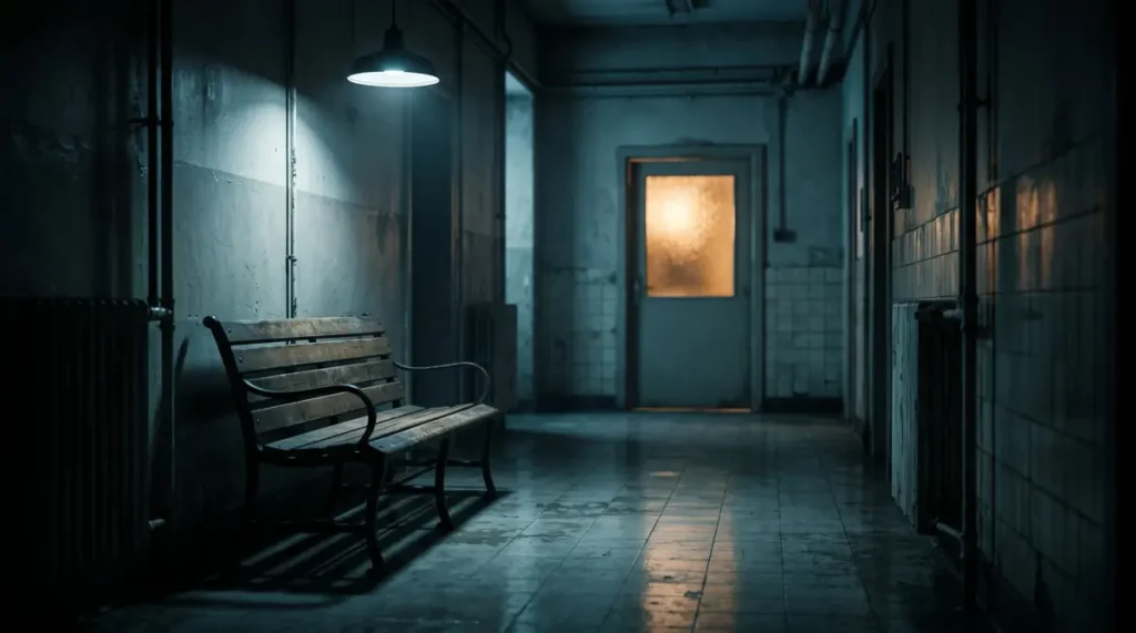 Corredor de delegacia à noite com banco de madeira diante de uma porta de vidro fosco iluminada, ilustrando a intimação para depor